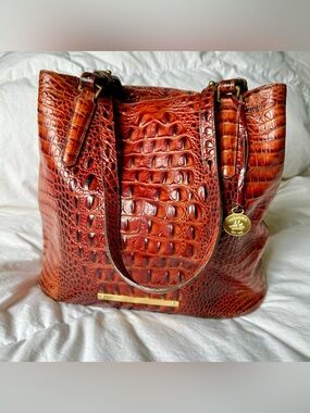 BRAHMIN Croc-Embossed Leather Tote with Gold Accents